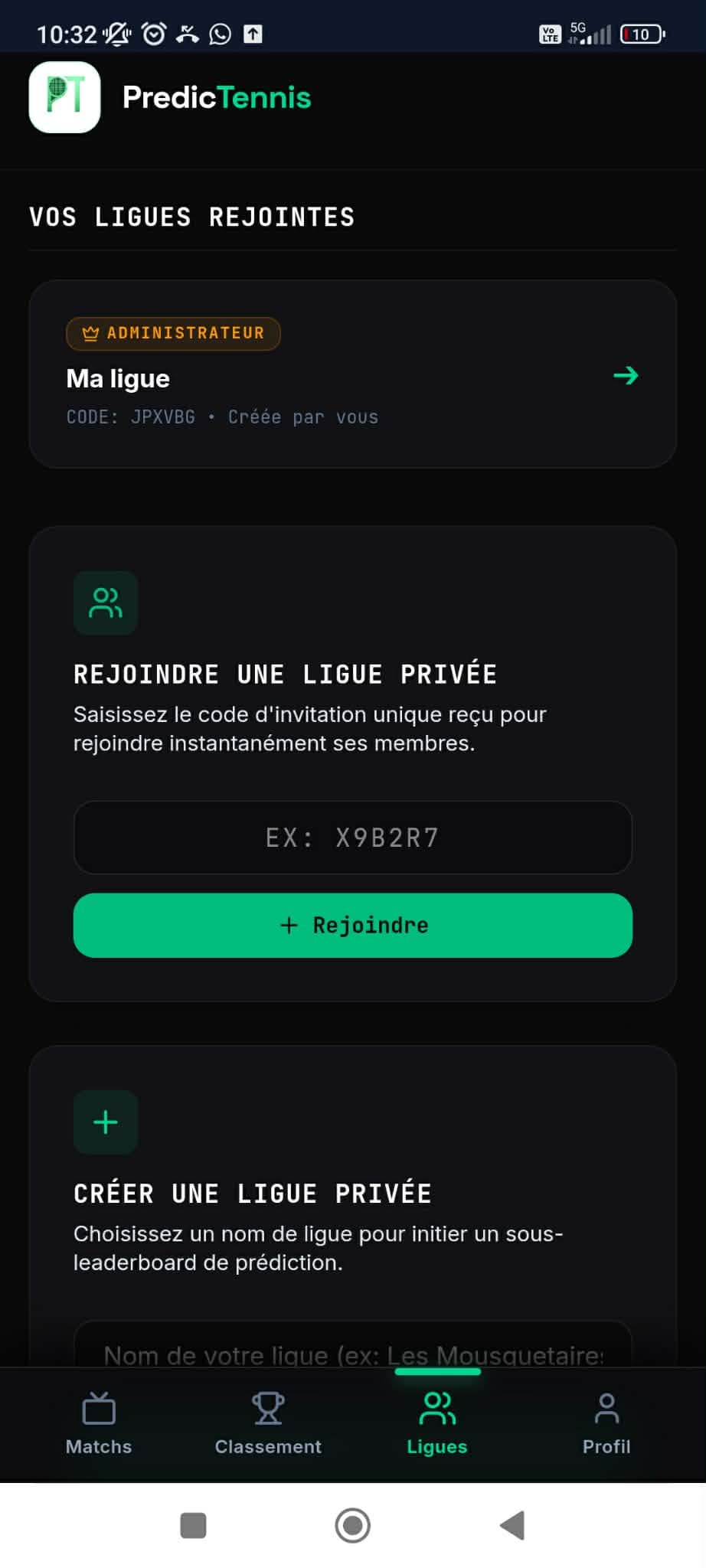 Pantalla de liga privada con código de invitación en la aplicación PredicTennis