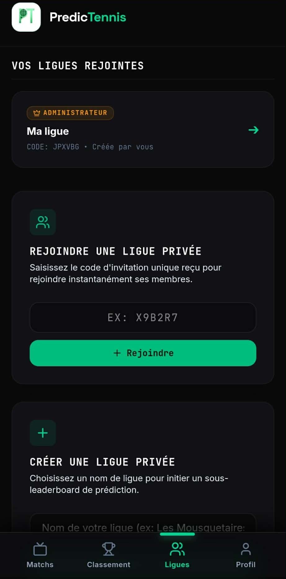 Écran de ligue privée avec code d'invitation dans l'application PredicTennis